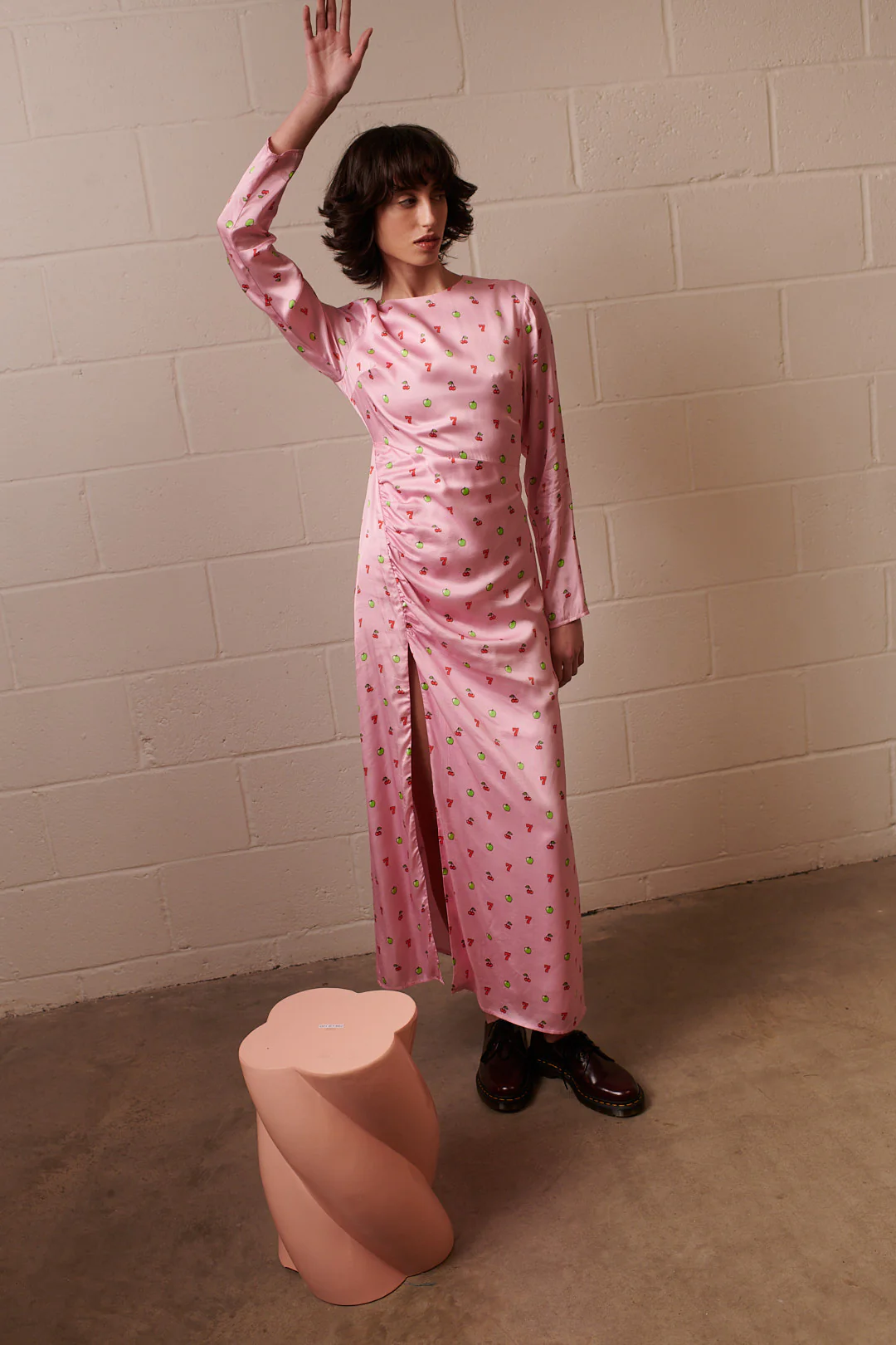 Cerise Pink Fruit Machine Satin Midi Dress RENTAL