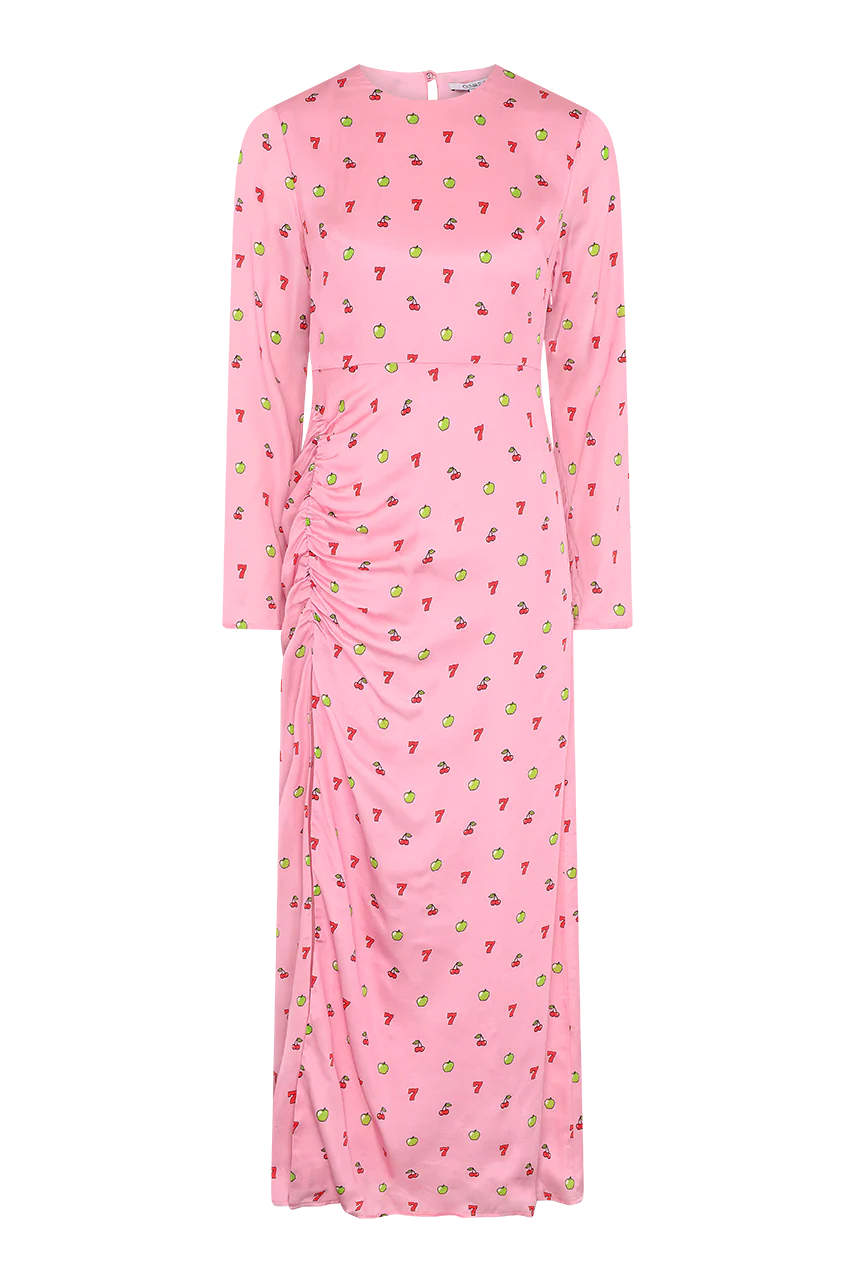 Cerise Pink Fruit Machine Satin Midi Dress RENTAL - Image 2