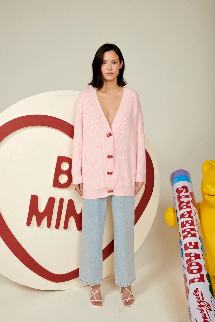 Frankie Pink Cherry Longline Cardigan - Image 7