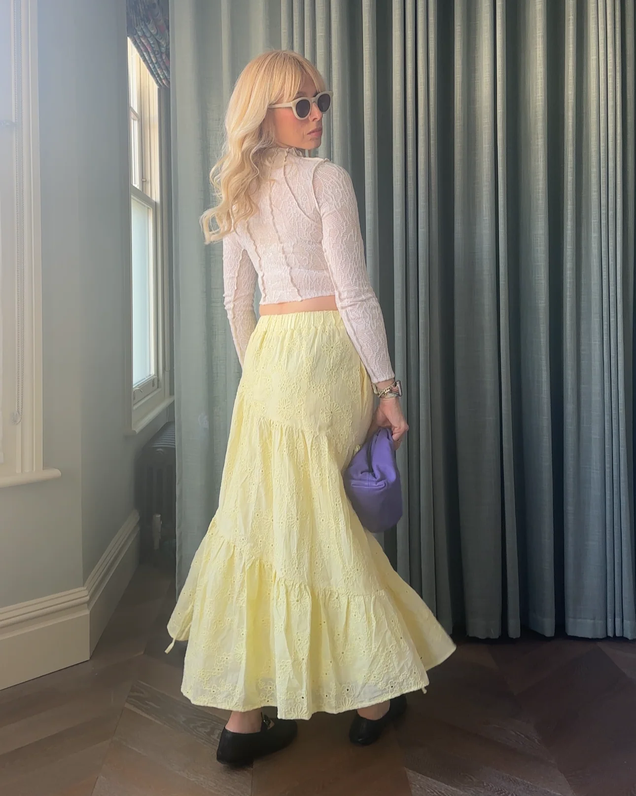 Kinza Tiered Yellow Broderie Maxi Skirt - Image 3