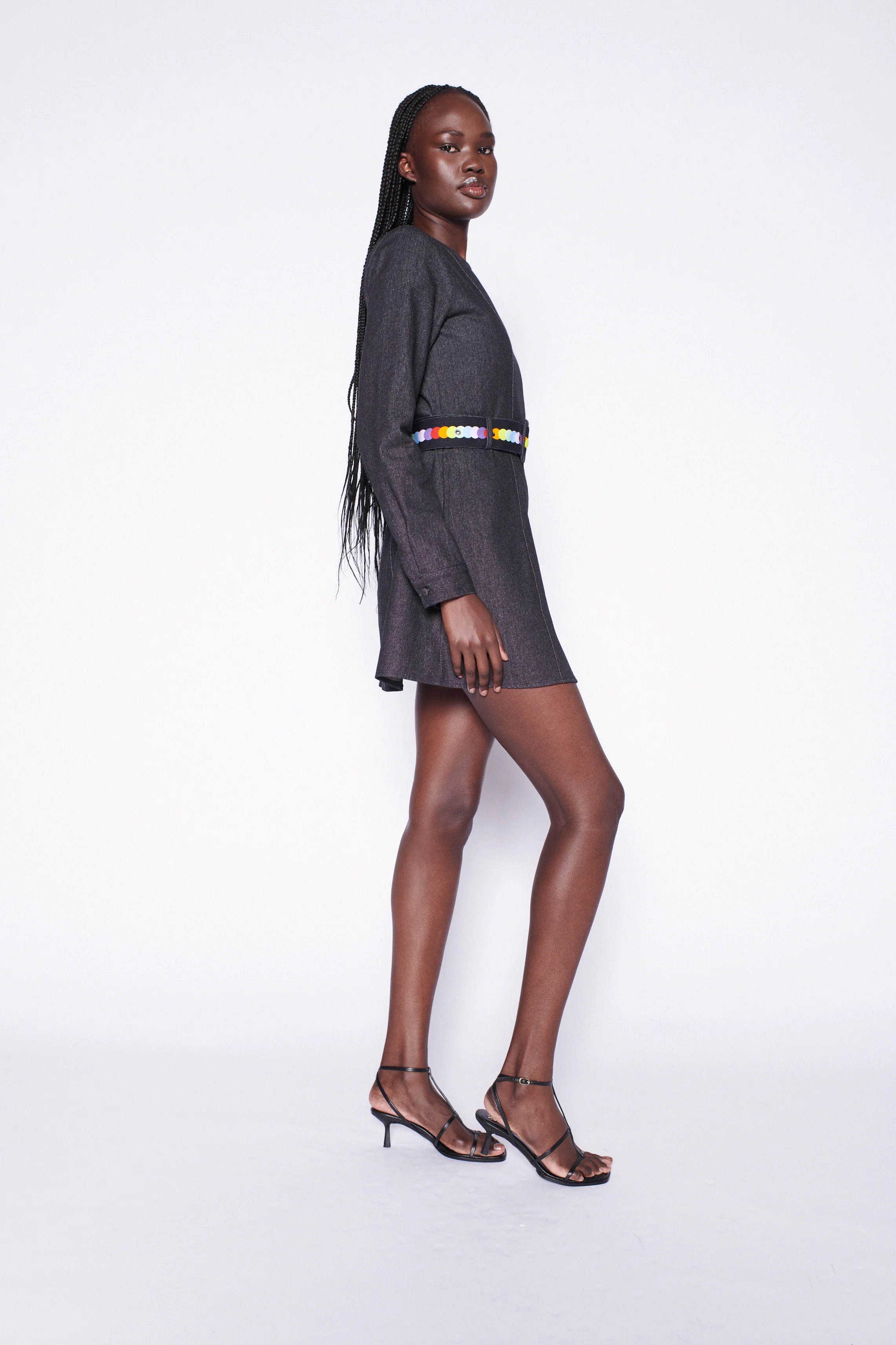 Paola Black Denim Embroidered Belt Mini Dress - Image 3