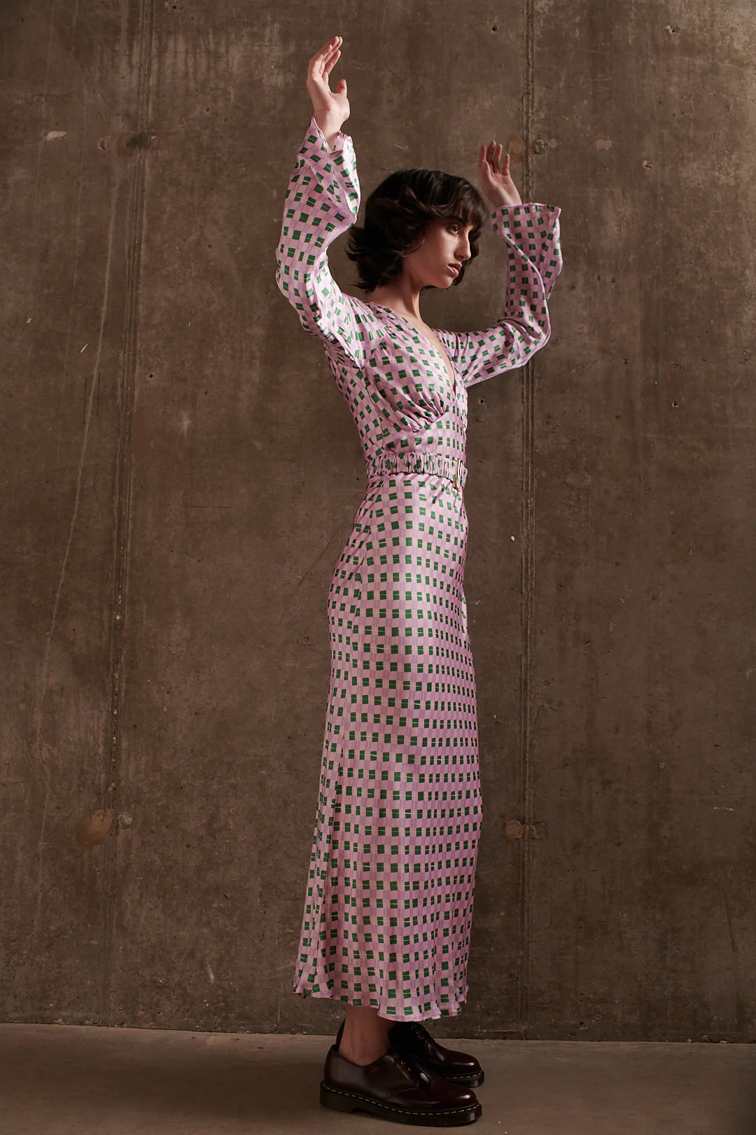 Reiko Pink Khaki Check Belted Slip Dress RENTAL - Image 2