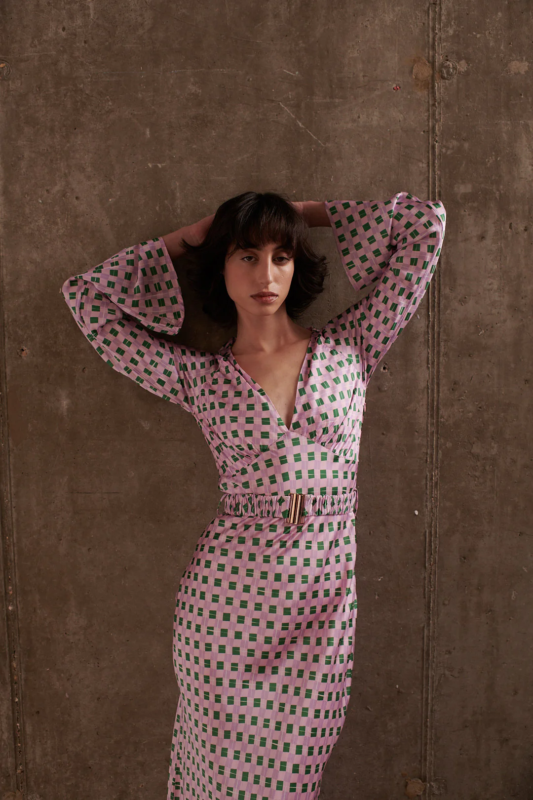 Reiko Pink Khaki Check Belted Slip Dress RENTAL - Image 4