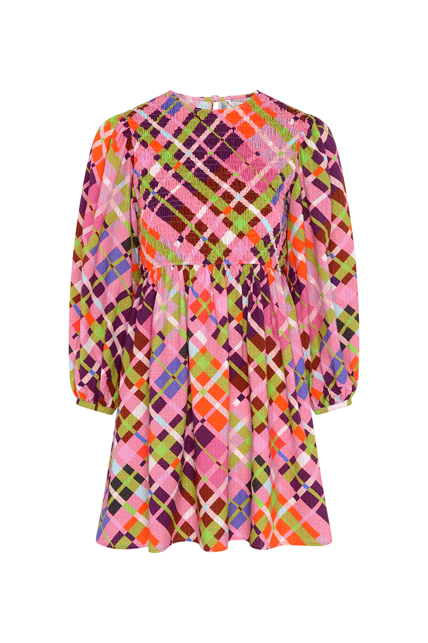 Wisteria Bright Check Shirred Mini Dress RENTAL