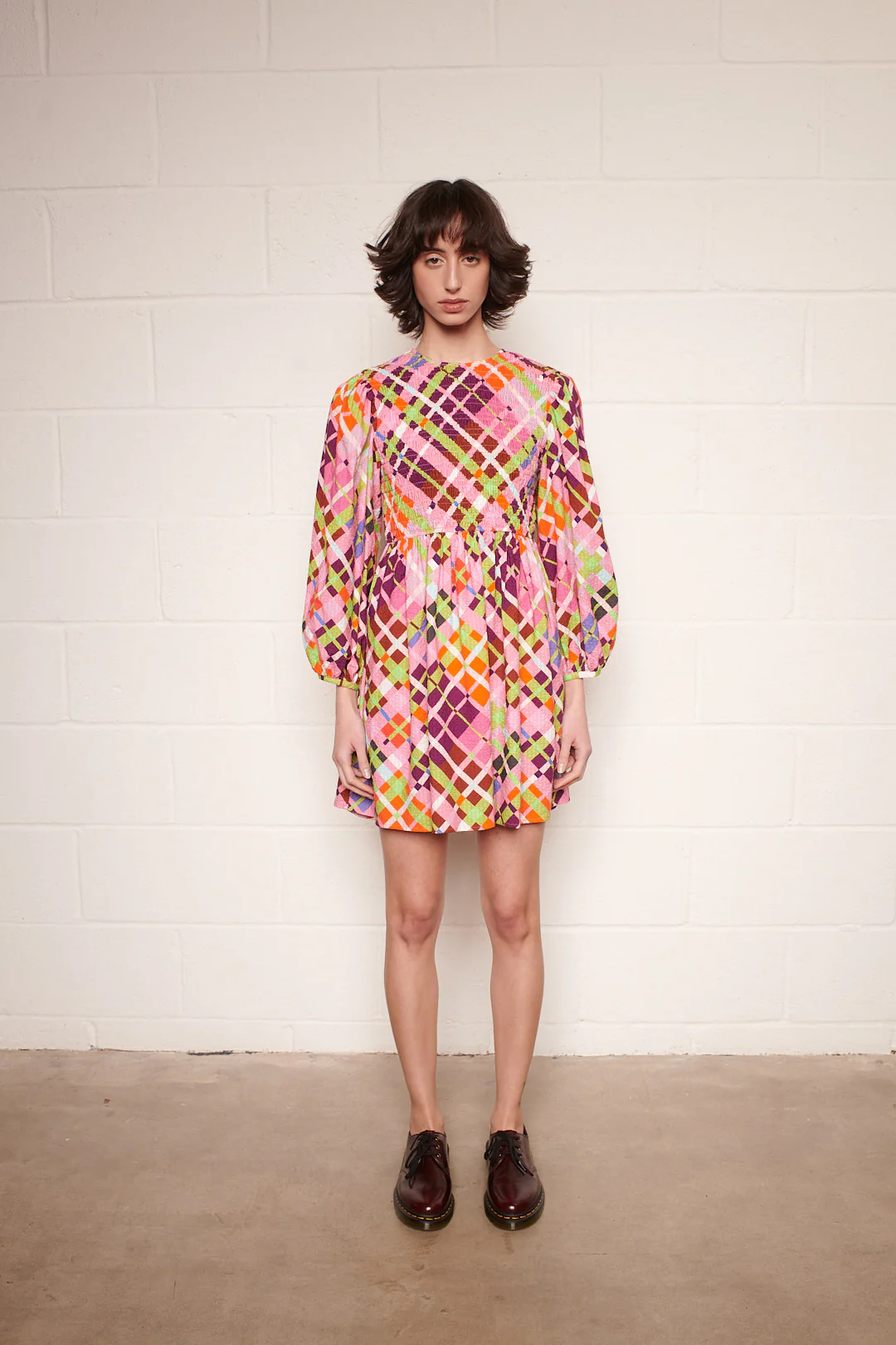 Wisteria Bright Check Shirred Mini Dress RENTAL - Image 2