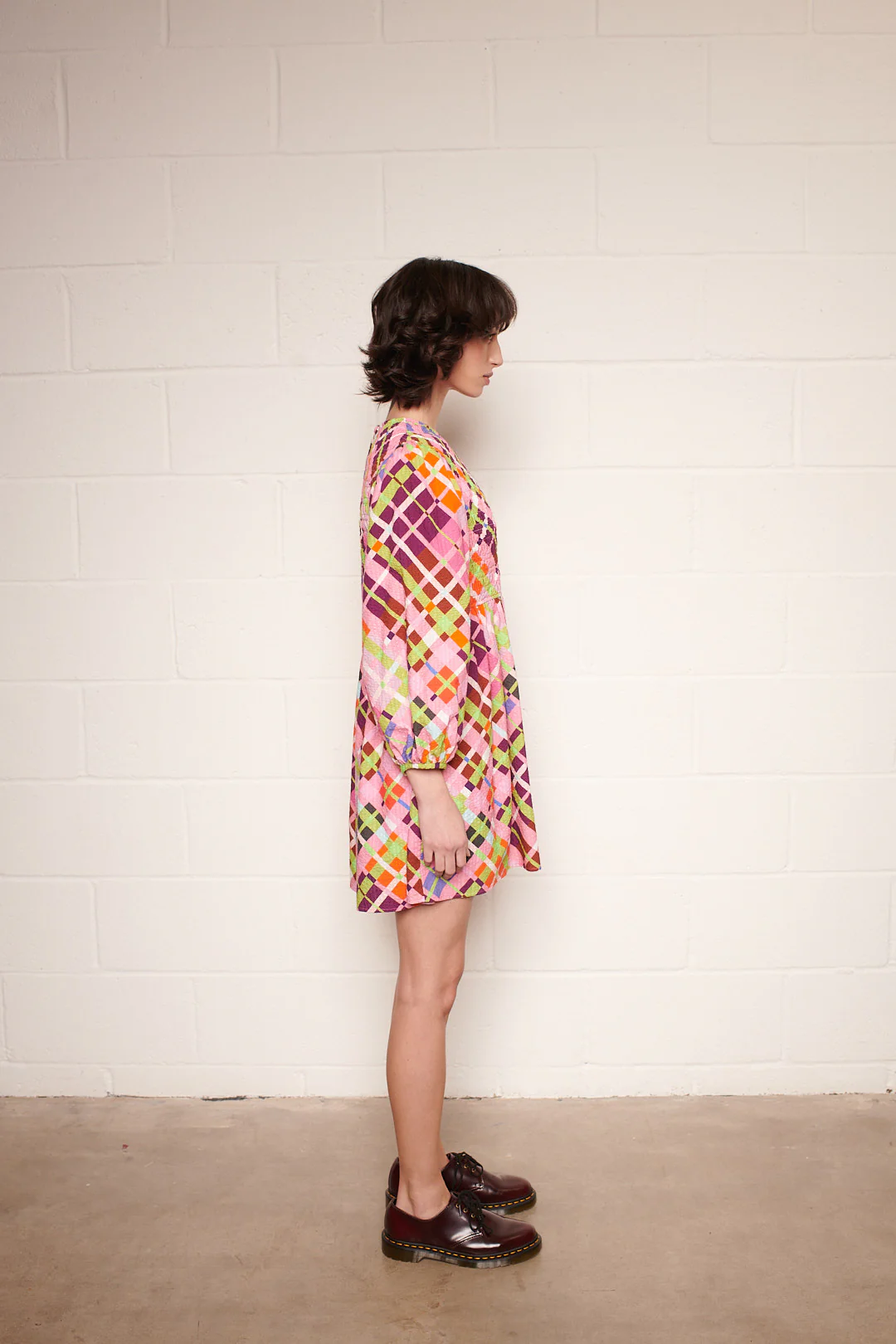 Wisteria Bright Check Shirred Mini Dress RENTAL - Image 3