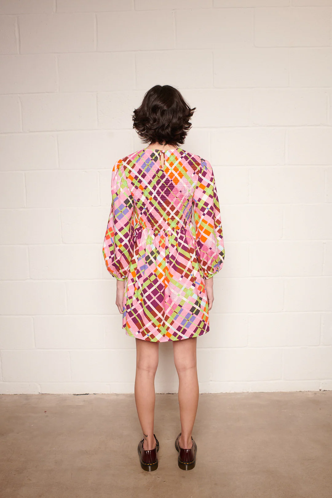 Wisteria Bright Check Shirred Mini Dress RENTAL - Image 4